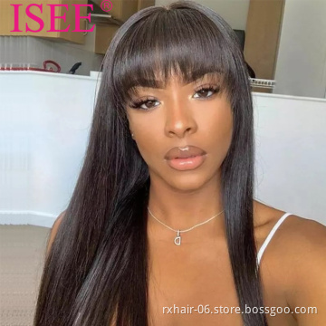 ISEE Factory Dropship Natural Black Lace Front Human Hair Wigs With Bangs For Women Straight Hair Bangs Wig